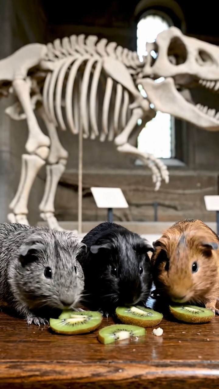 1740. Realistic depiction of 3 smooth-haired Skinny guinea pigs with gray, black, and brown fur, nibbling on kiwi skins, inside a paleontology museum with casts.