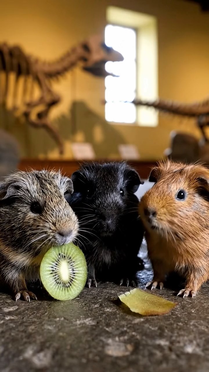 1740. Realistic depiction of 3 smooth-haired Skinny guinea pigs with gray, black, and brown fur, nibbling on kiwi skins, inside a paleontology museum with casts.