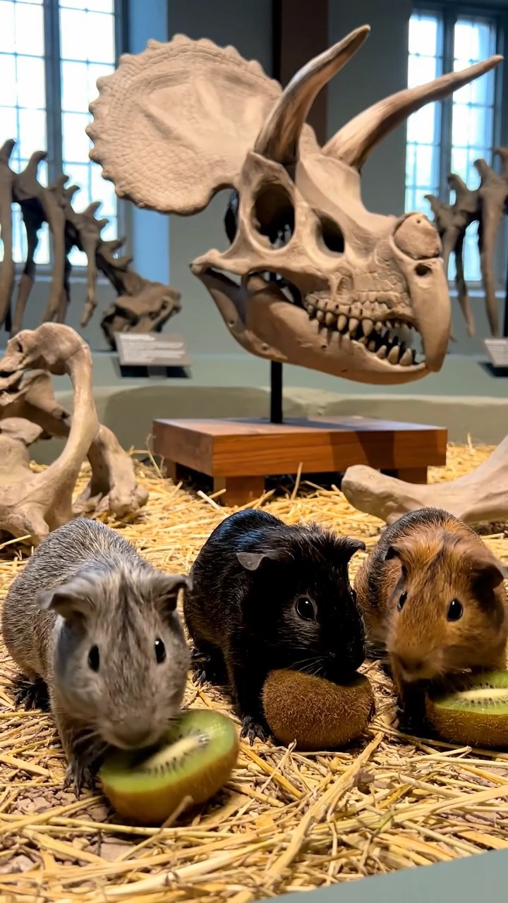 1740. Realistic depiction of 3 smooth-haired Skinny guinea pigs with gray, black, and brown fur, nibbling on kiwi skins, inside a paleontology museum with casts.