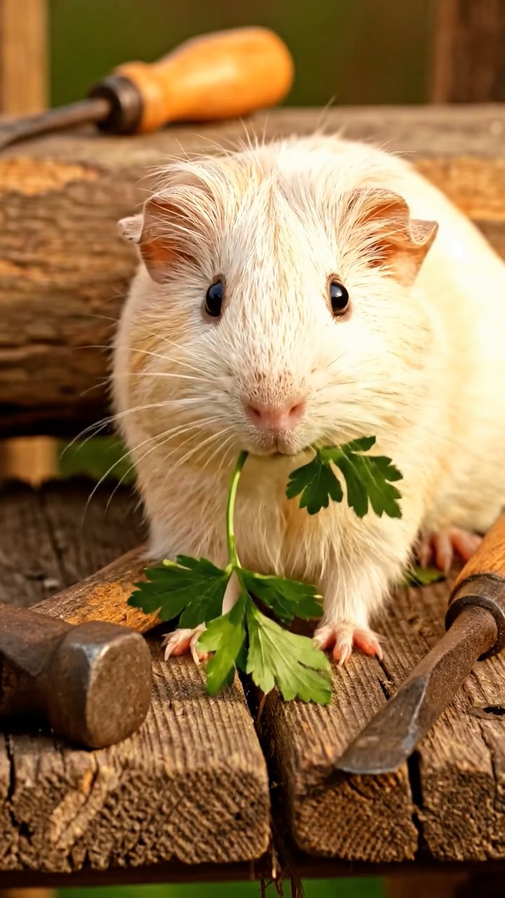 1741. Detailed photo of 1 smooth-haired American guinea pig with cream fur, chewing on parsley stems, on a building scaffold with tools.