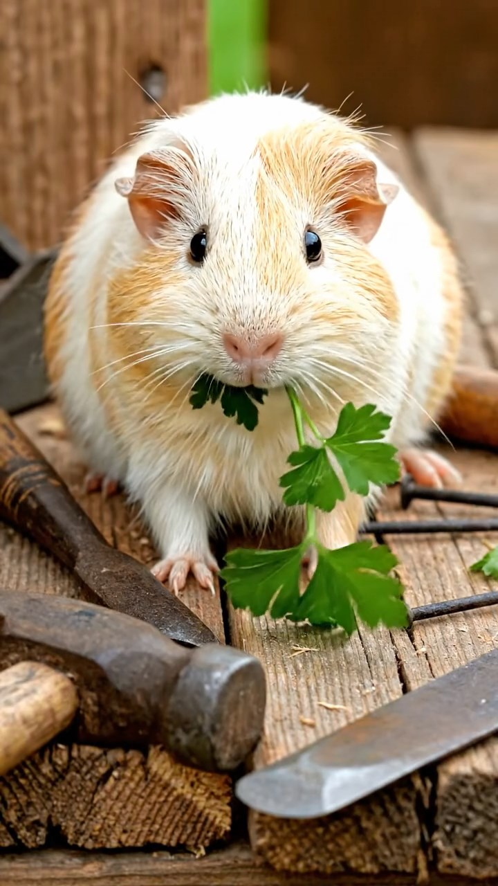 1741. Detailed photo of 1 smooth-haired American guinea pig with cream fur, chewing on parsley stems, on a building scaffold with tools.