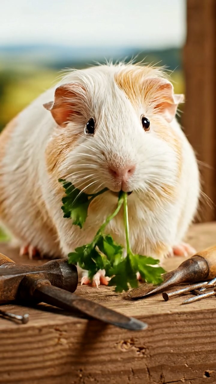 1741. Detailed photo of 1 smooth-haired American guinea pig with cream fur, chewing on parsley stems, on a building scaffold with tools.