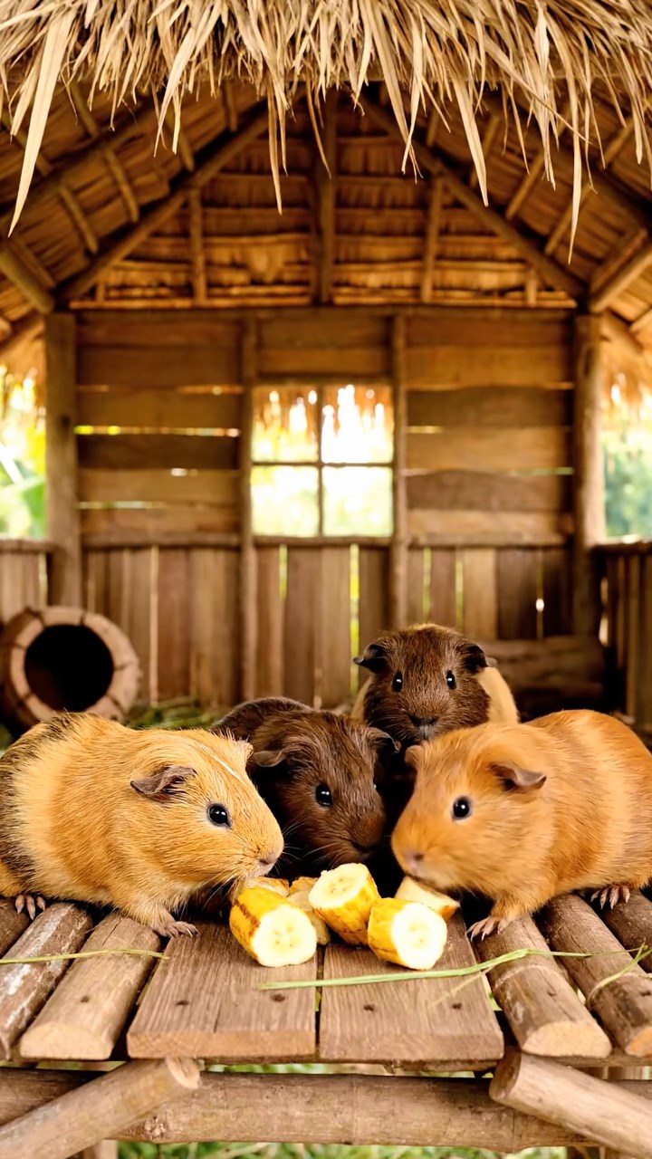 1742. Photorealistic image of 4 smooth-haired Abyssinian guinea pigs in fawn, chocolate, and cinnamon colors, sharing banana chunks, inside a stilted tropical shack.