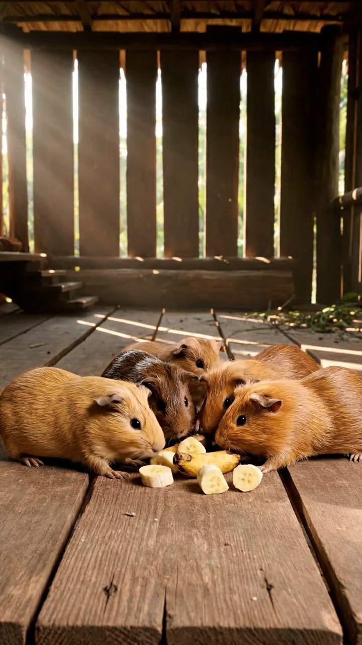 1742. Photorealistic image of 4 smooth-haired Abyssinian guinea pigs in fawn, chocolate, and cinnamon colors, sharing banana chunks, inside a stilted tropical shack.