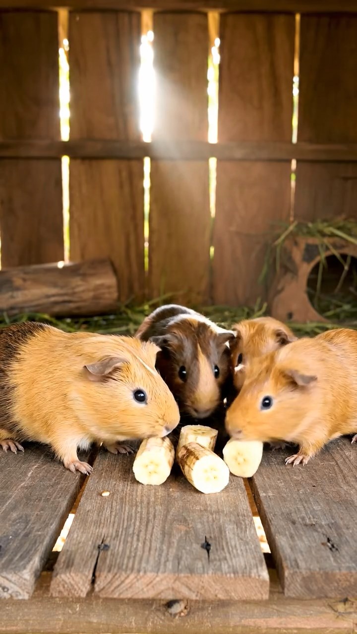 1742. Photorealistic image of 4 smooth-haired Abyssinian guinea pigs in fawn, chocolate, and cinnamon colors, sharing banana chunks, inside a stilted tropical shack.