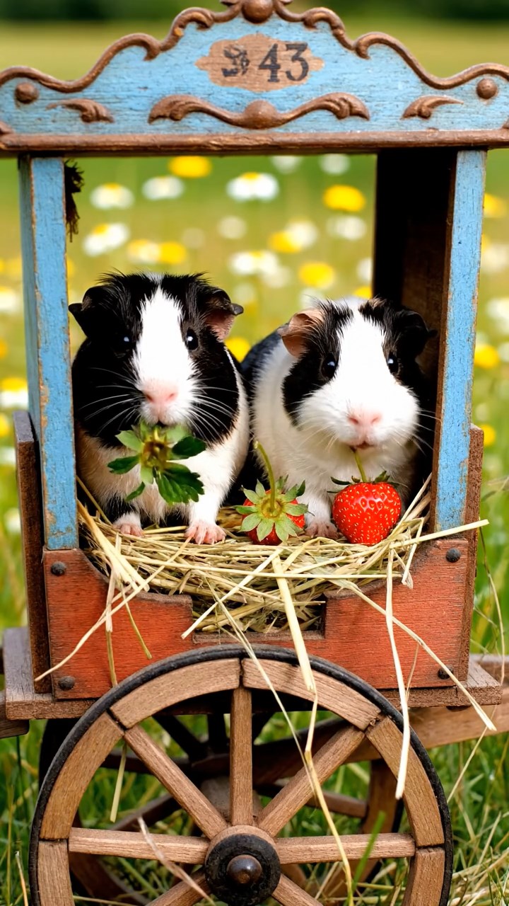 1743. Realistic scene of 2 smooth-haired Peruvian guinea pigs with sable and white fur, munching on strawberry tops, in a fair wheel carriage at top.