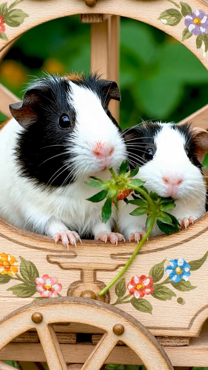 1743. Realistic scene of 2 smooth-haired Peruvian guinea pigs with sable and white fur, munching on strawberry tops, in a fair wheel carriage at top.