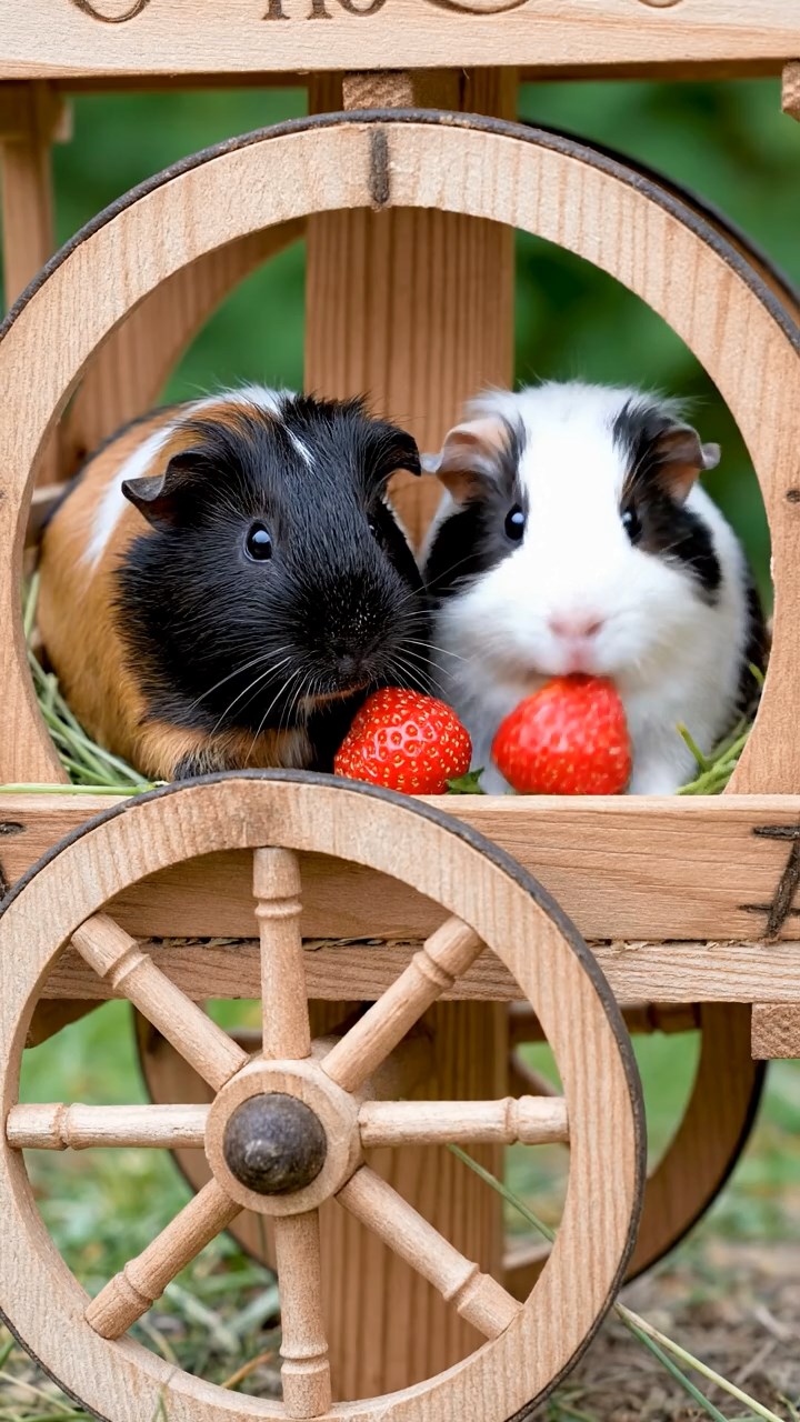 1743. Realistic scene of 2 smooth-haired Peruvian guinea pigs with sable and white fur, munching on strawberry tops, in a fair wheel carriage at top.