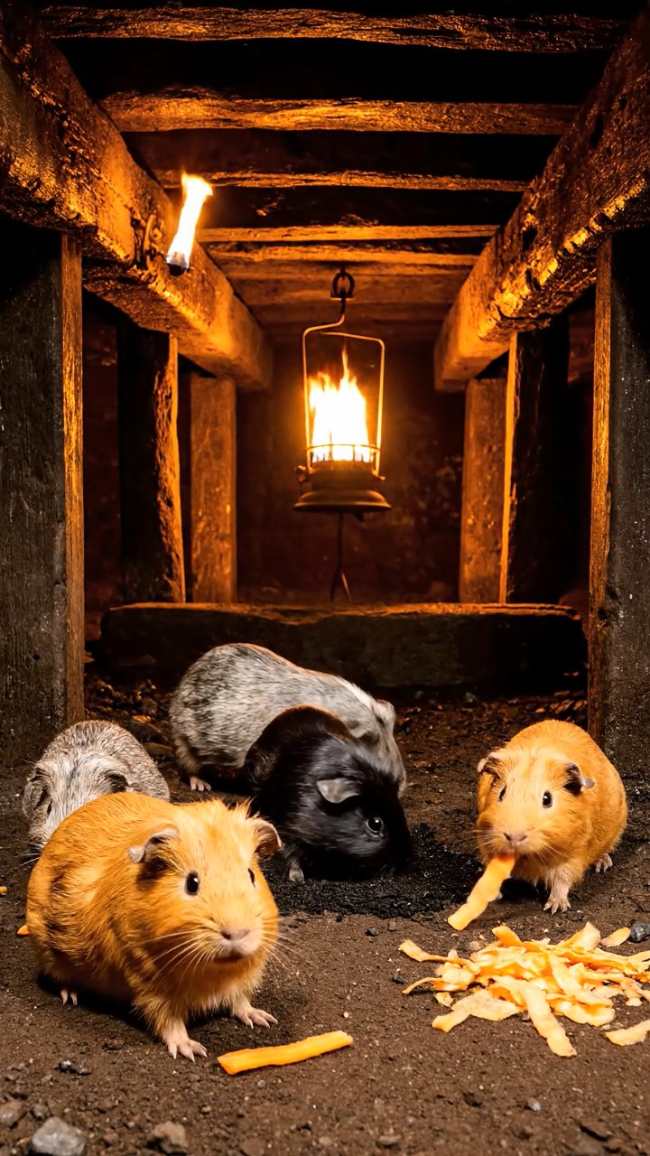 1744. Highly detailed view of 5 smooth-haired Silkie guinea pigs featuring orange, gray, and black coats, eating carrot shreds, down a coal mine shaft with lamps.