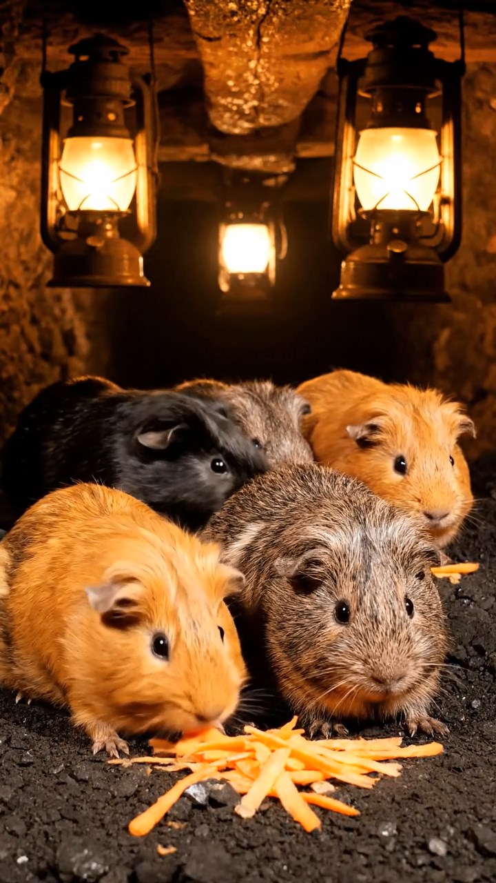 1744. Highly detailed view of 5 smooth-haired Silkie guinea pigs featuring orange, gray, and black coats, eating carrot shreds, down a coal mine shaft with lamps.