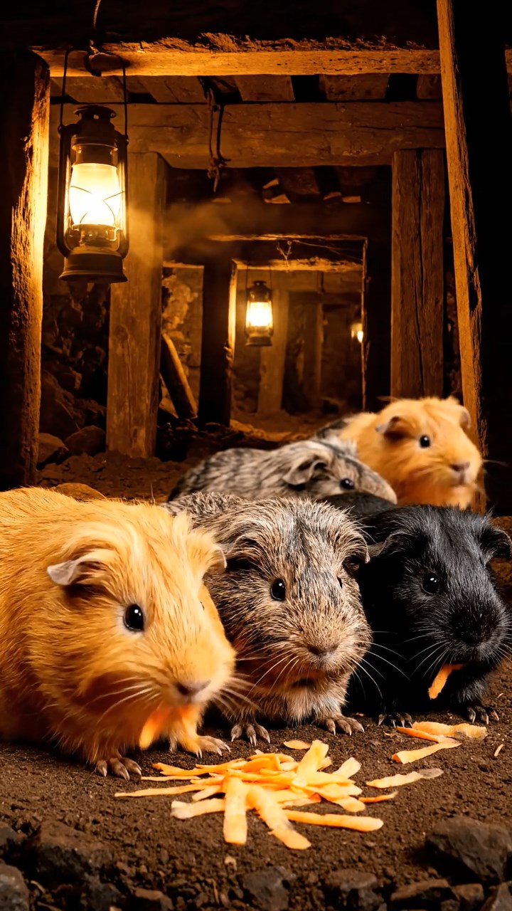 1744. Highly detailed view of 5 smooth-haired Silkie guinea pigs featuring orange, gray, and black coats, eating carrot shreds, down a coal mine shaft with lamps.
