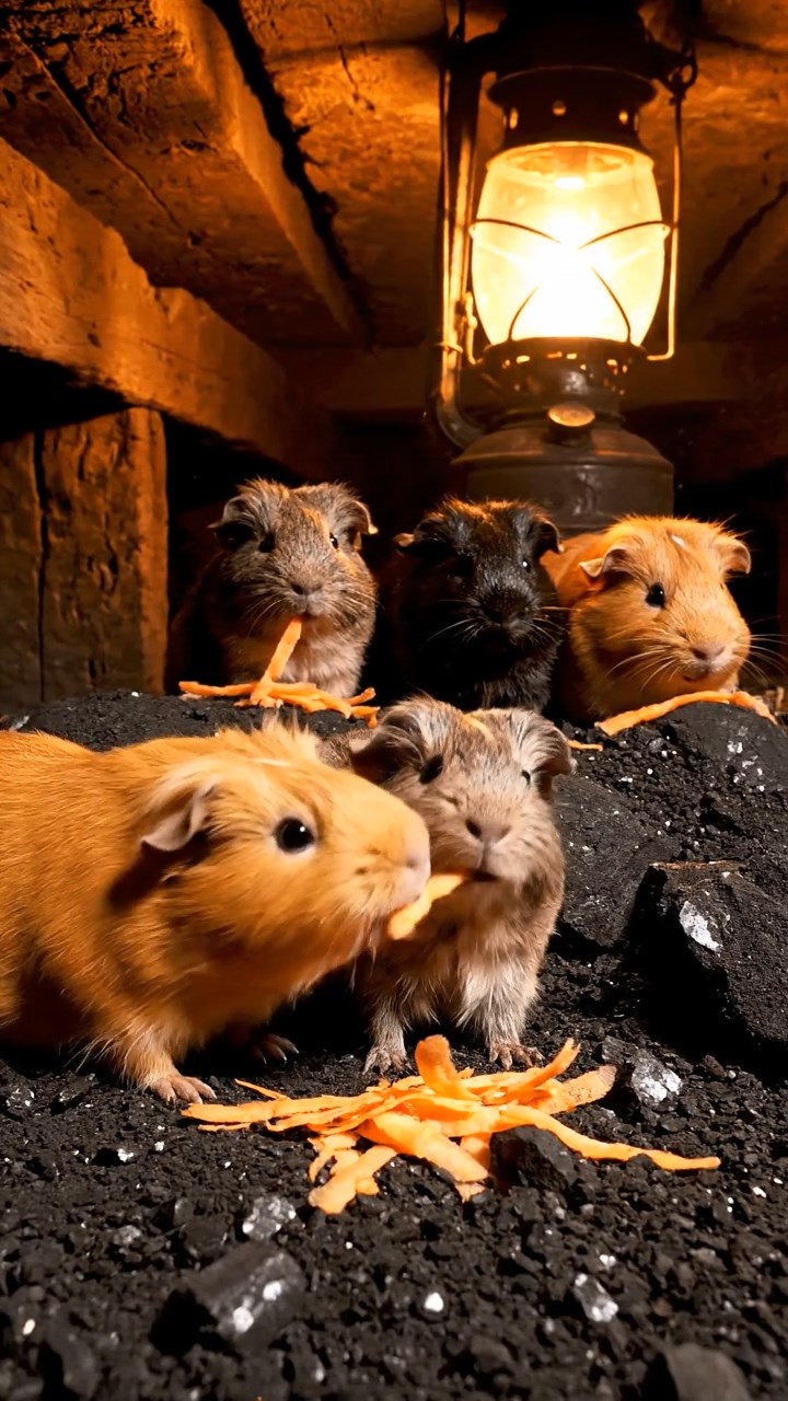 1744. Highly detailed view of 5 smooth-haired Silkie guinea pigs featuring orange, gray, and black coats, eating carrot shreds, down a coal mine shaft with lamps.