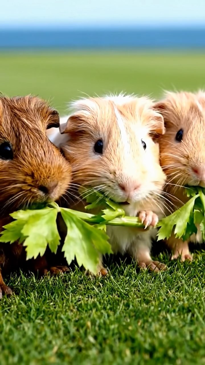 1745. Photorealistic photo of 3 smooth-haired Teddy guinea pigs with brown, cream, and fawn fur, nibbling on celery leaves, on a links course fairway with sea.