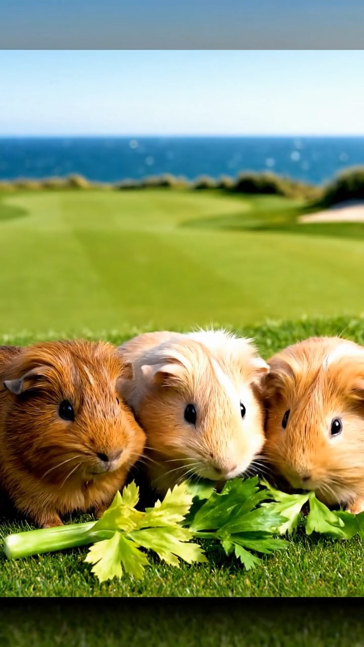 1745. Photorealistic photo of 3 smooth-haired Teddy guinea pigs with brown, cream, and fawn fur, nibbling on celery leaves, on a links course fairway with sea.