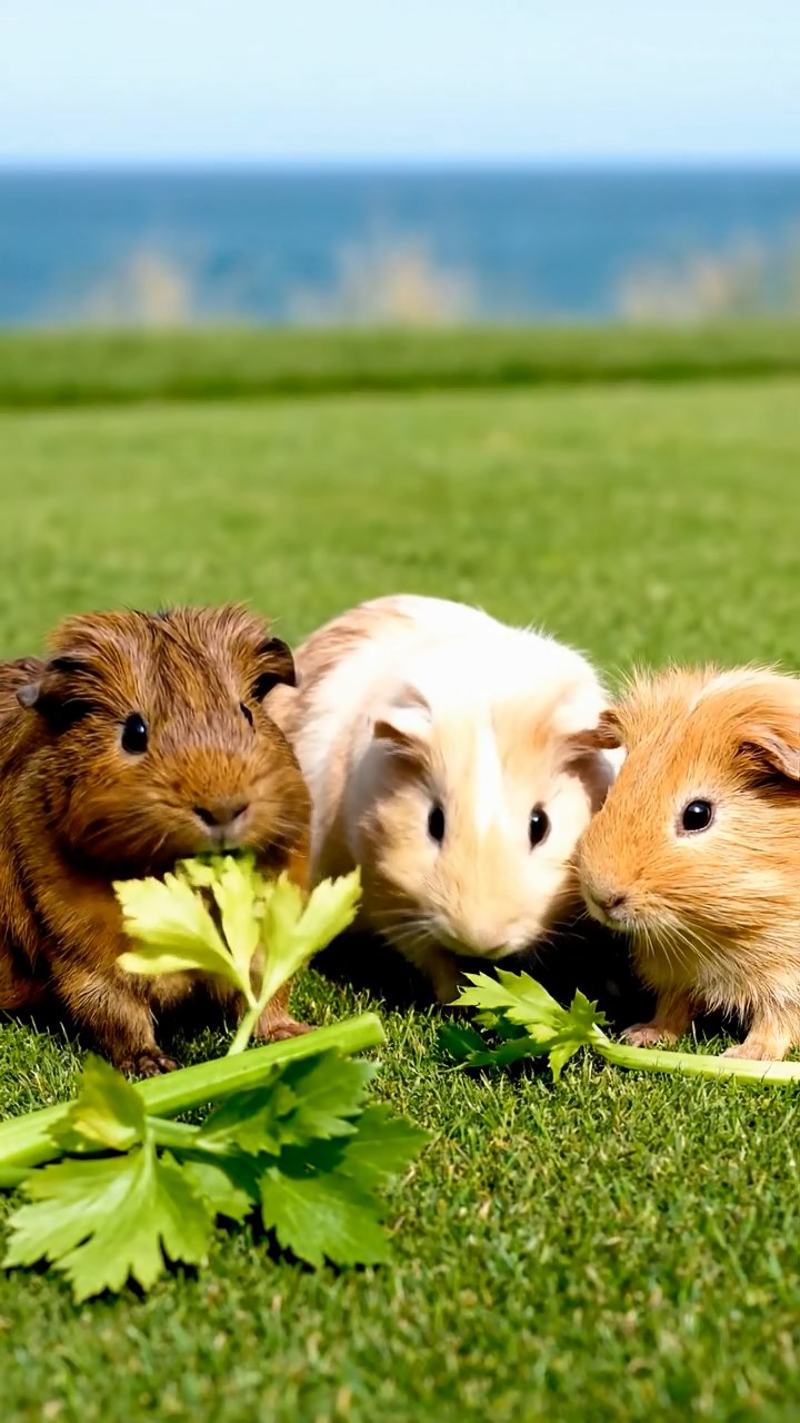 1745. Photorealistic photo of 3 smooth-haired Teddy guinea pigs with brown, cream, and fawn fur, nibbling on celery leaves, on a links course fairway with sea.