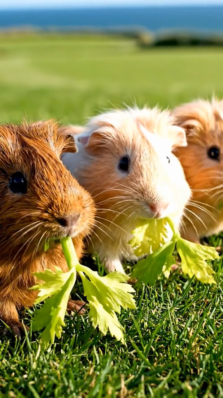 1745. Photorealistic photo of 3 smooth-haired Teddy guinea pigs with brown, cream, and fawn fur, nibbling on celery leaves, on a links course fairway with sea.