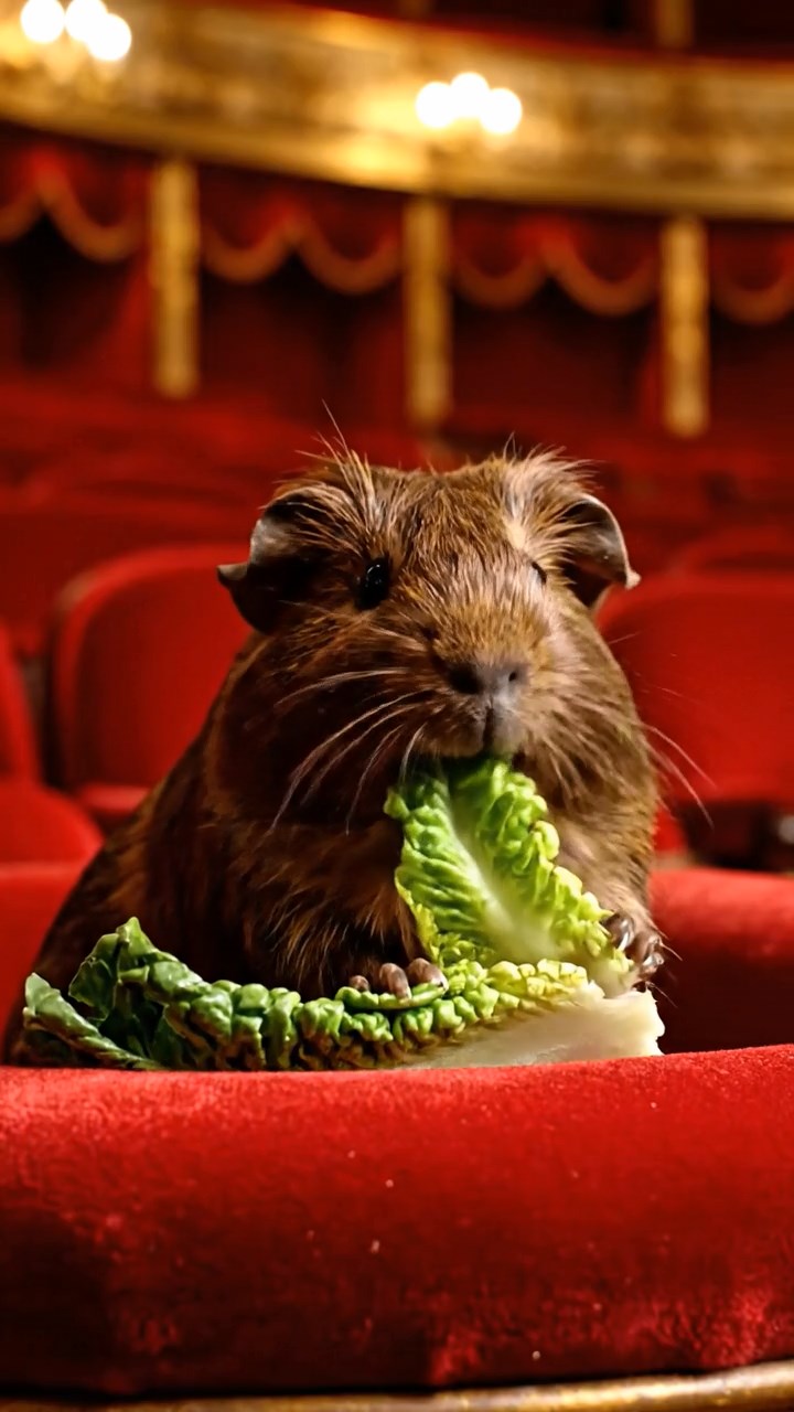 1746. Realistic depiction of 1 smooth-haired Texel guinea pig with chocolate fur, chewing on romaine hearts, among pit seats in a theater.