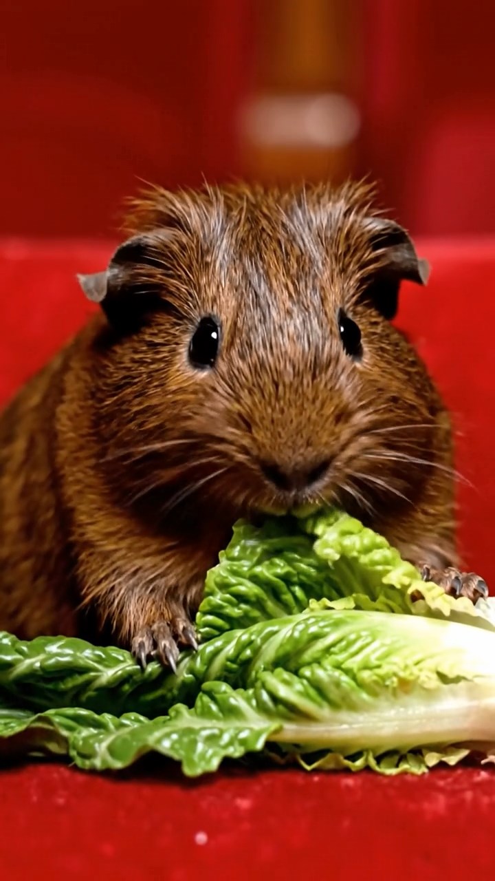 1746. Realistic depiction of 1 smooth-haired Texel guinea pig with chocolate fur, chewing on romaine hearts, among pit seats in a theater.