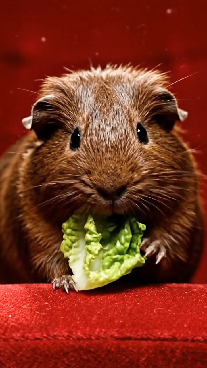1746. Realistic depiction of 1 smooth-haired Texel guinea pig with chocolate fur, chewing on romaine hearts, among pit seats in a theater.