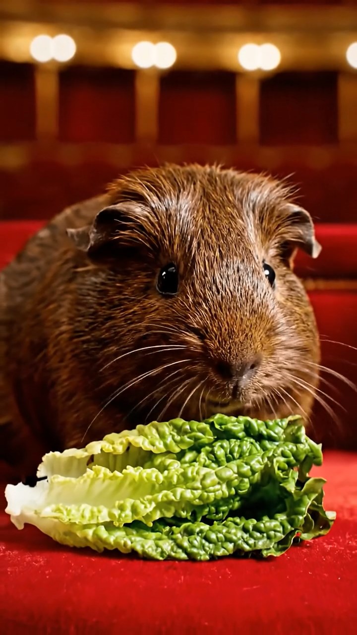 1746. Realistic depiction of 1 smooth-haired Texel guinea pig with chocolate fur, chewing on romaine hearts, among pit seats in a theater.