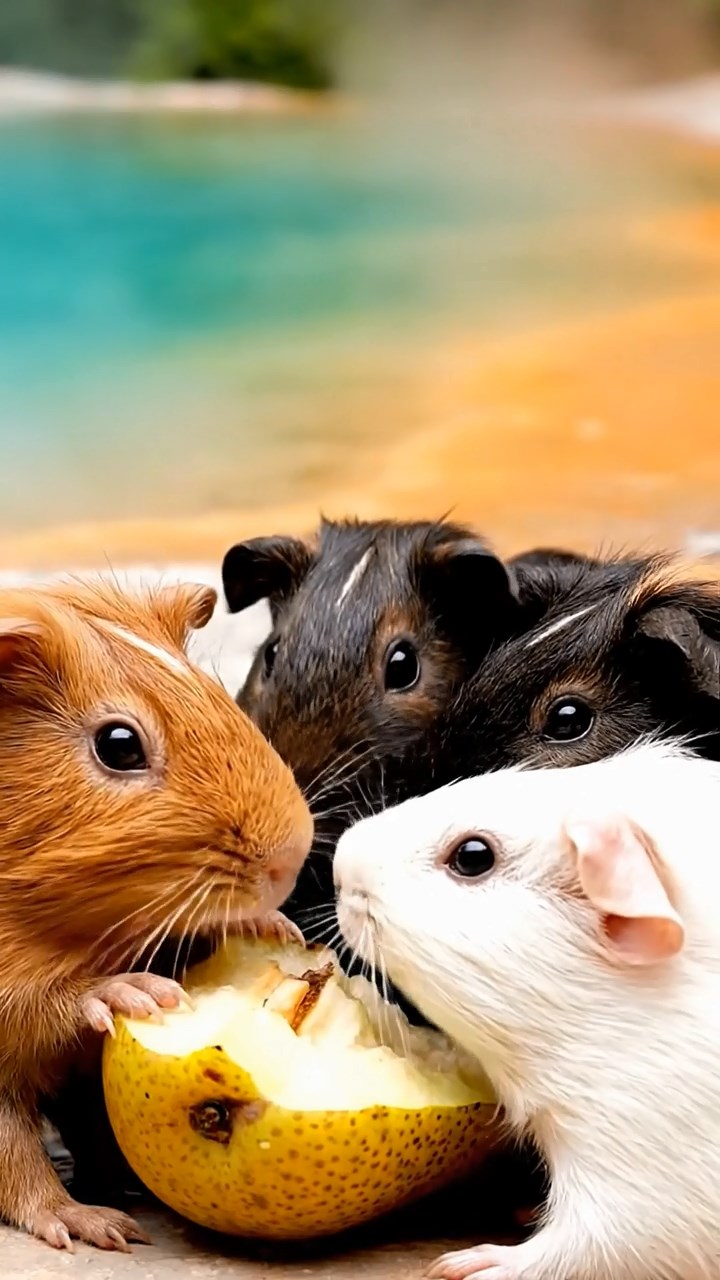 1747. Detailed image of 4 smooth-haired Rex guinea pigs in cinnamon, sable, and white colors, sharing pear cores, by a geothermal pool with colors.
