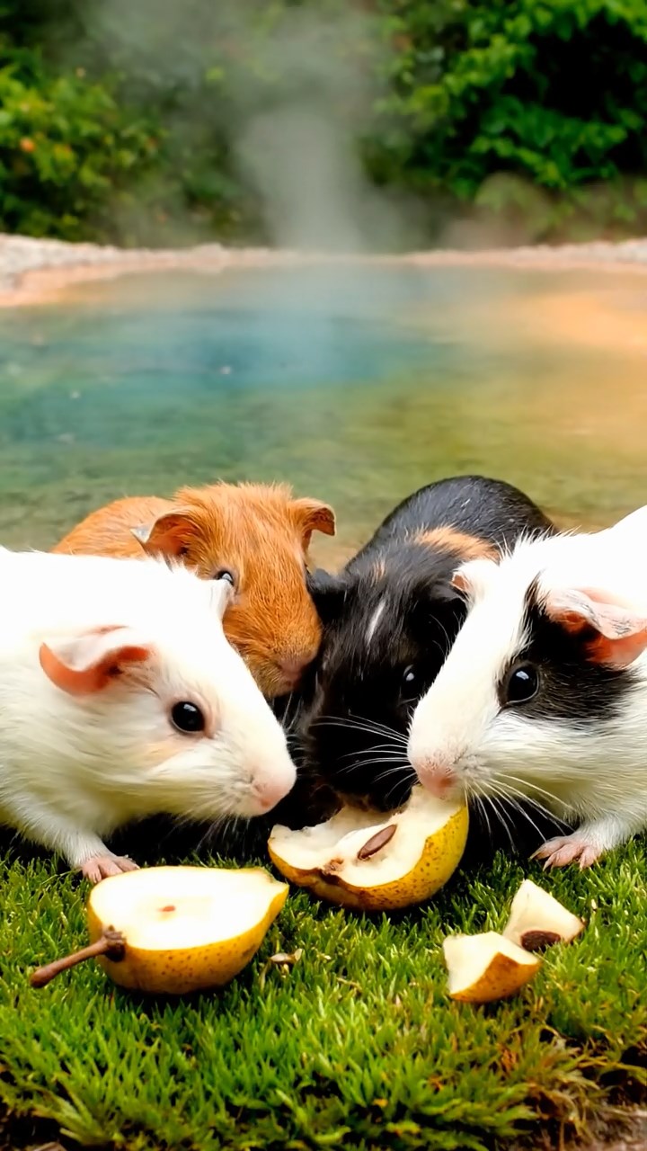 1747. Detailed image of 4 smooth-haired Rex guinea pigs in cinnamon, sable, and white colors, sharing pear cores, by a geothermal pool with colors.