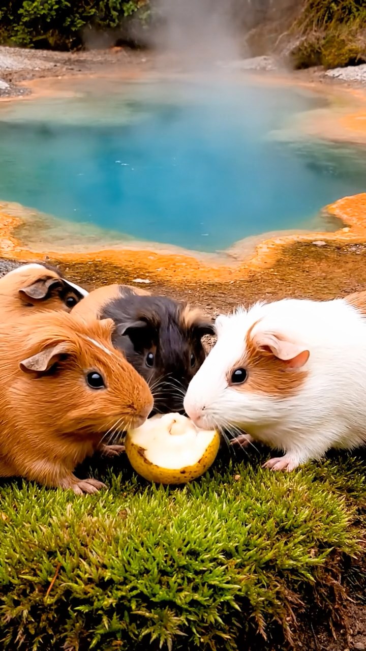 1747. Detailed image of 4 smooth-haired Rex guinea pigs in cinnamon, sable, and white colors, sharing pear cores, by a geothermal pool with colors.