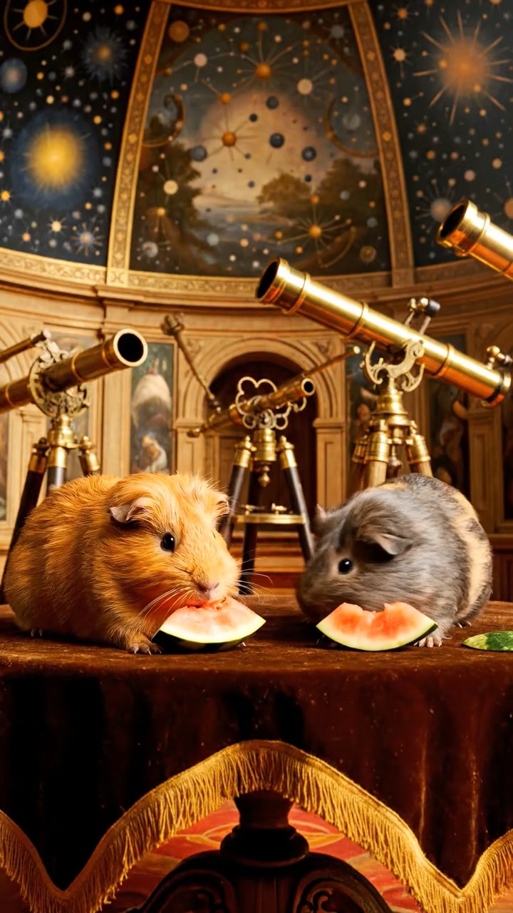 1748. Photorealistic scene of 2 smooth-haired Coronet guinea pigs with orange and gray fur, munching on watermelon slices, under a astronomy dome with scopes.