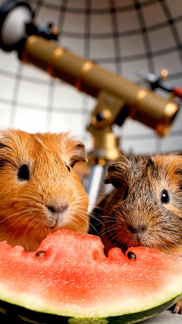 1748. Photorealistic scene of 2 smooth-haired Coronet guinea pigs with orange and gray fur, munching on watermelon slices, under a astronomy dome with scopes.