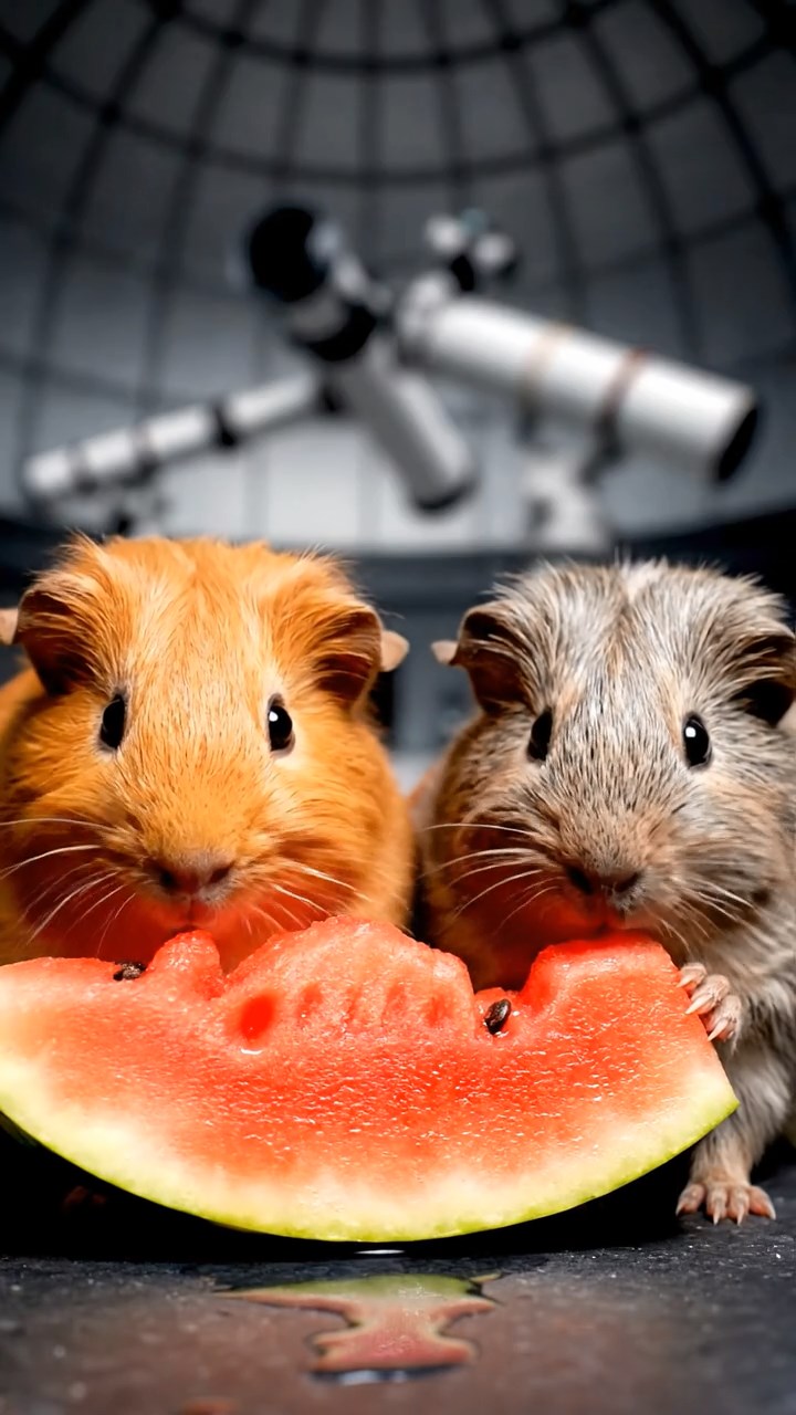 1748. Photorealistic scene of 2 smooth-haired Coronet guinea pigs with orange and gray fur, munching on watermelon slices, under a astronomy dome with scopes.