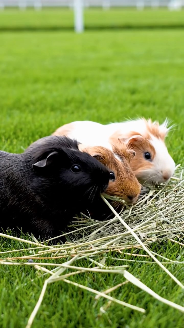 1749. Realistic photo of 3 smooth-haired White Crested guinea pigs featuring black, brown, and cream coats, eating timothy hay, in a track infield grass.