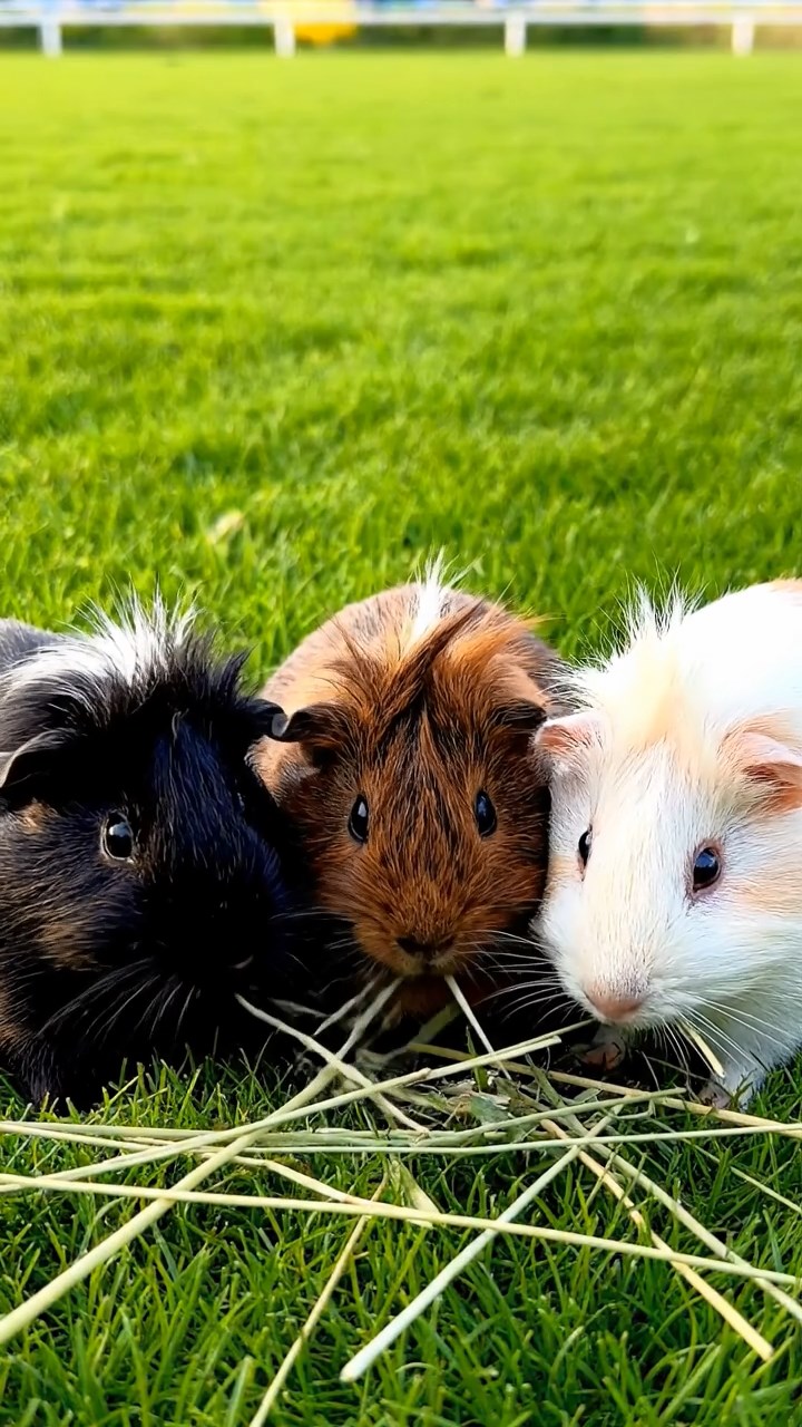 1749. Realistic photo of 3 smooth-haired White Crested guinea pigs featuring black, brown, and cream coats, eating timothy hay, in a track infield grass.