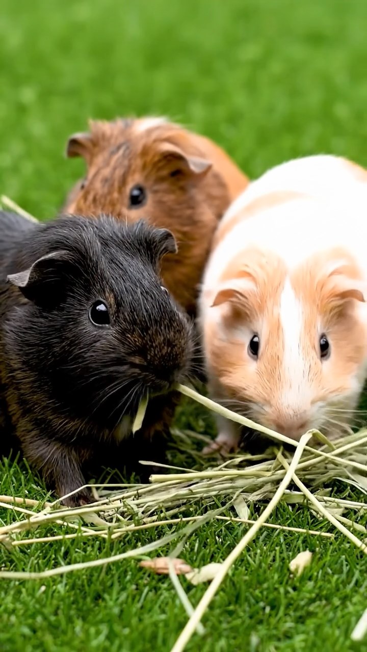 1749. Realistic photo of 3 smooth-haired White Crested guinea pigs featuring black, brown, and cream coats, eating timothy hay, in a track infield grass.