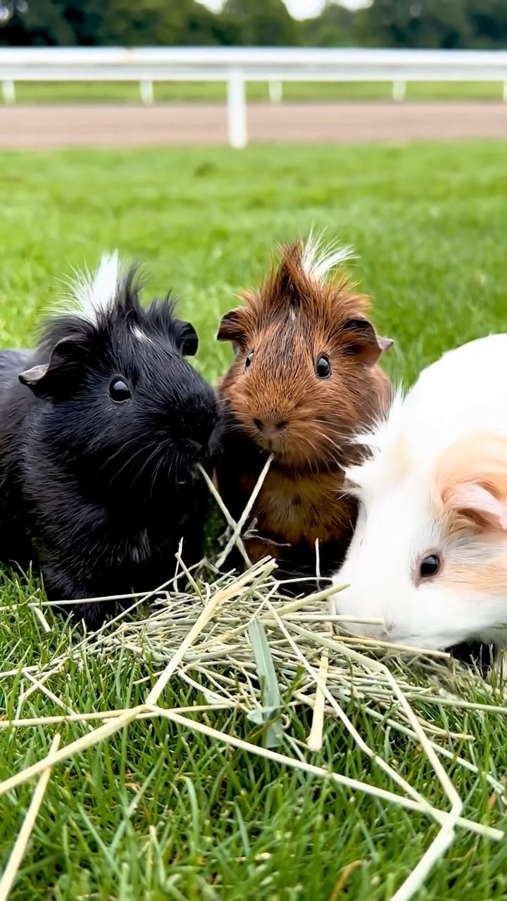 1749. Realistic photo of 3 smooth-haired White Crested guinea pigs featuring black, brown, and cream coats, eating timothy hay, in a track infield grass.