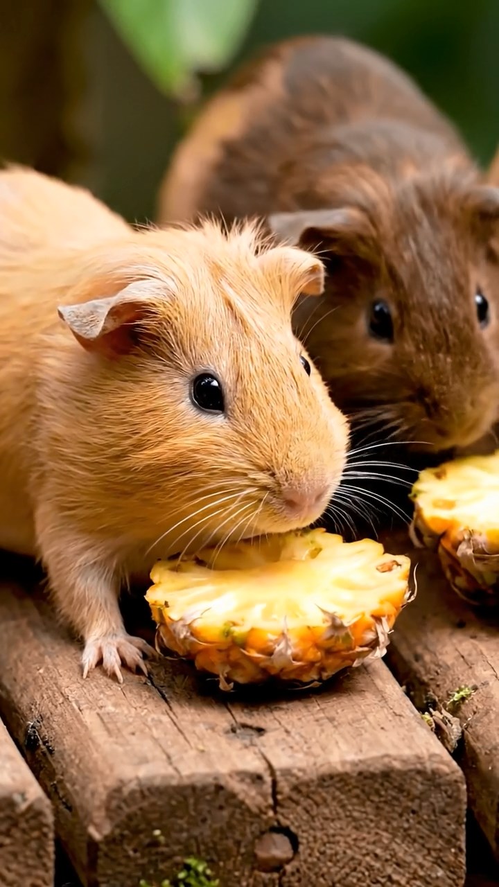 1750. Highly detailed view of 5 smooth-haired Skinny guinea pigs with fawn, chocolate, and cinnamon fur, nibbling on pineapple cores, along a canopy zip line platform.