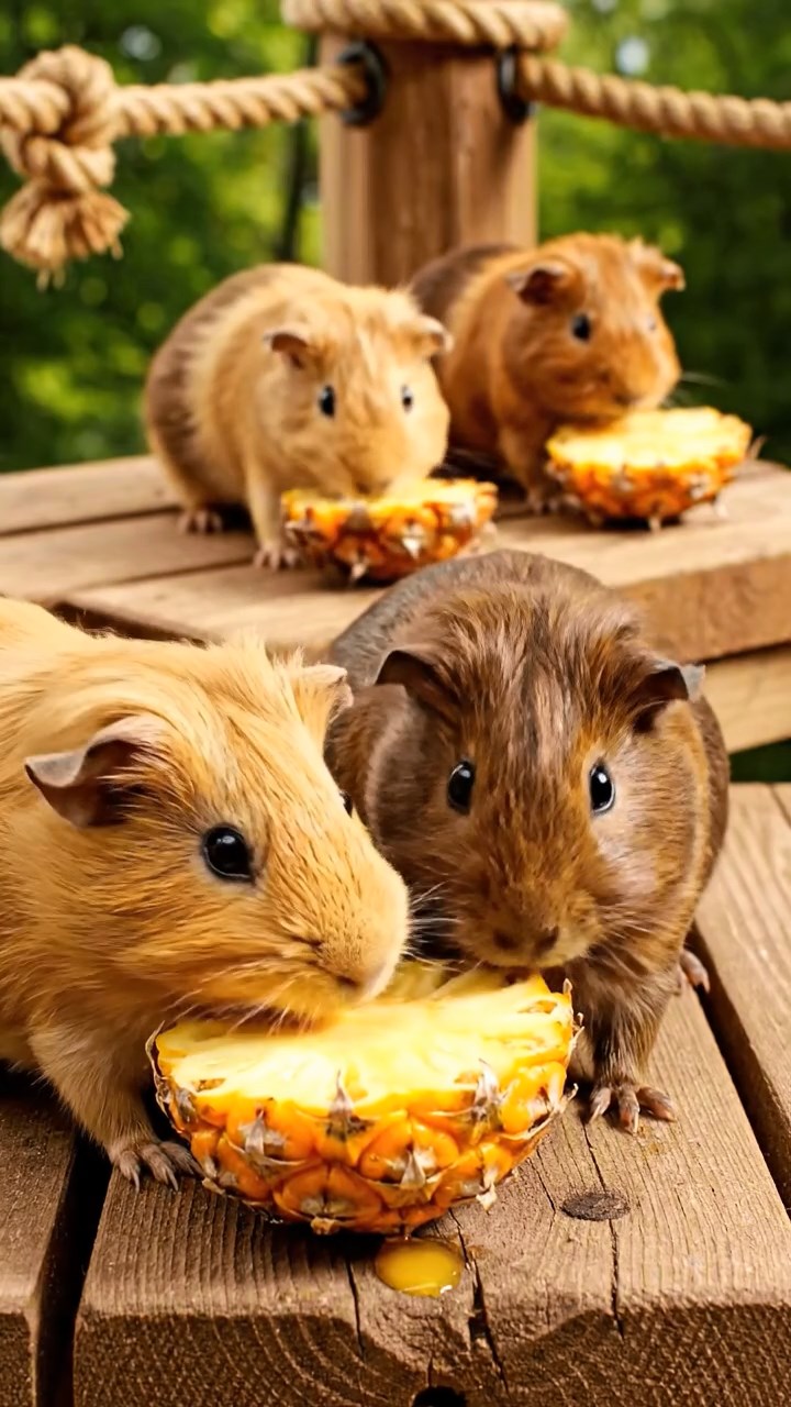 1750. Highly detailed view of 5 smooth-haired Skinny guinea pigs with fawn, chocolate, and cinnamon fur, nibbling on pineapple cores, along a canopy zip line platform.