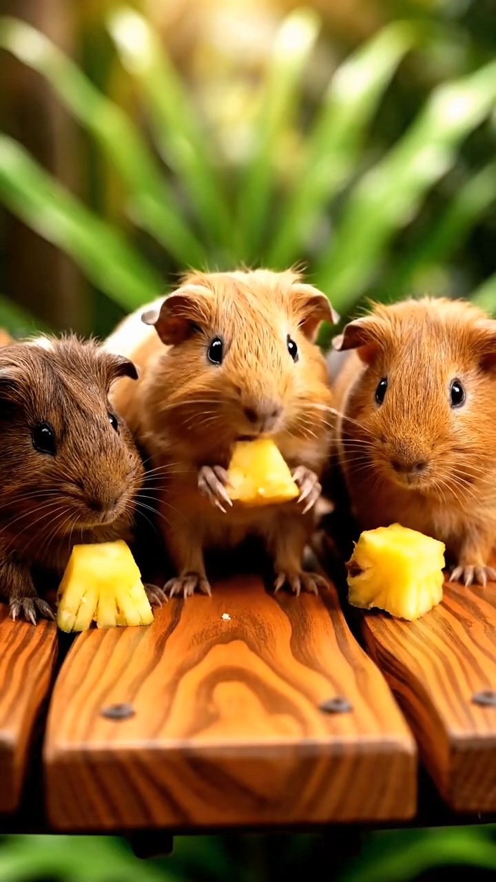 1750. Highly detailed view of 5 smooth-haired Skinny guinea pigs with fawn, chocolate, and cinnamon fur, nibbling on pineapple cores, along a canopy zip line platform.