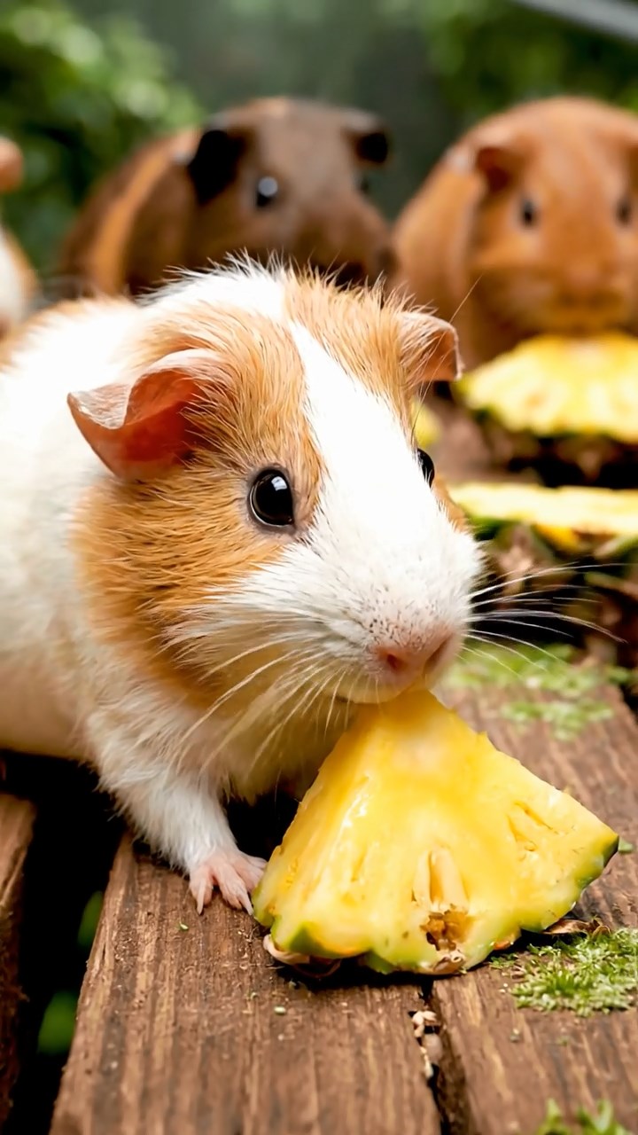 1750. Highly detailed view of 5 smooth-haired Skinny guinea pigs with fawn, chocolate, and cinnamon fur, nibbling on pineapple cores, along a canopy zip line platform.
