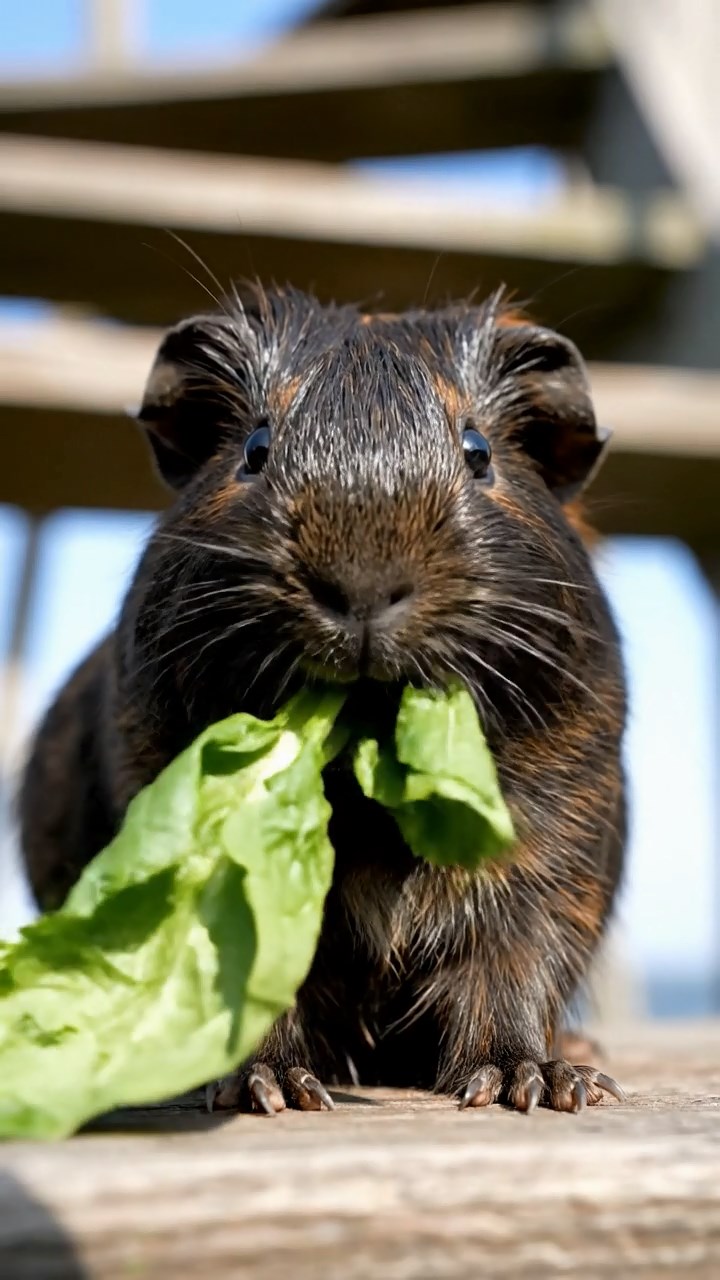1751. Photorealistic image of 1 smooth-haired American guinea pig with sable fur, chewing on spinach bunches, atop a harbor light tower stairs.