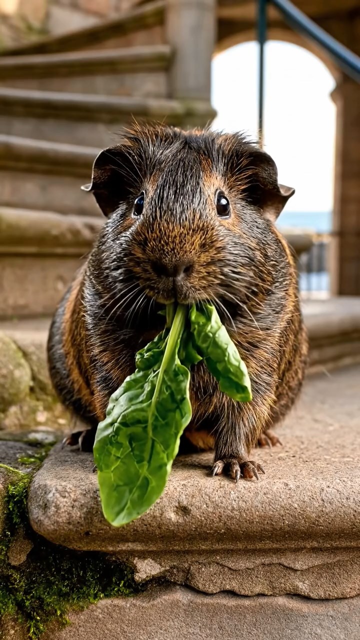 1751. Photorealistic image of 1 smooth-haired American guinea pig with sable fur, chewing on spinach bunches, atop a harbor light tower stairs.