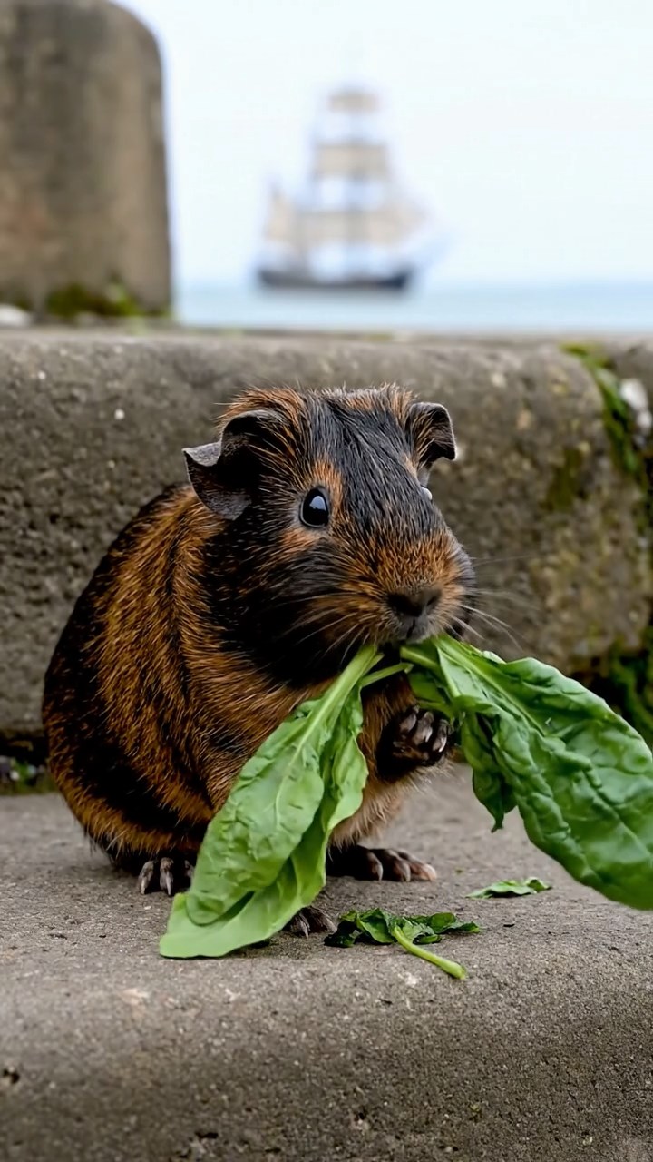 1751. Photorealistic image of 1 smooth-haired American guinea pig with sable fur, chewing on spinach bunches, atop a harbor light tower stairs.