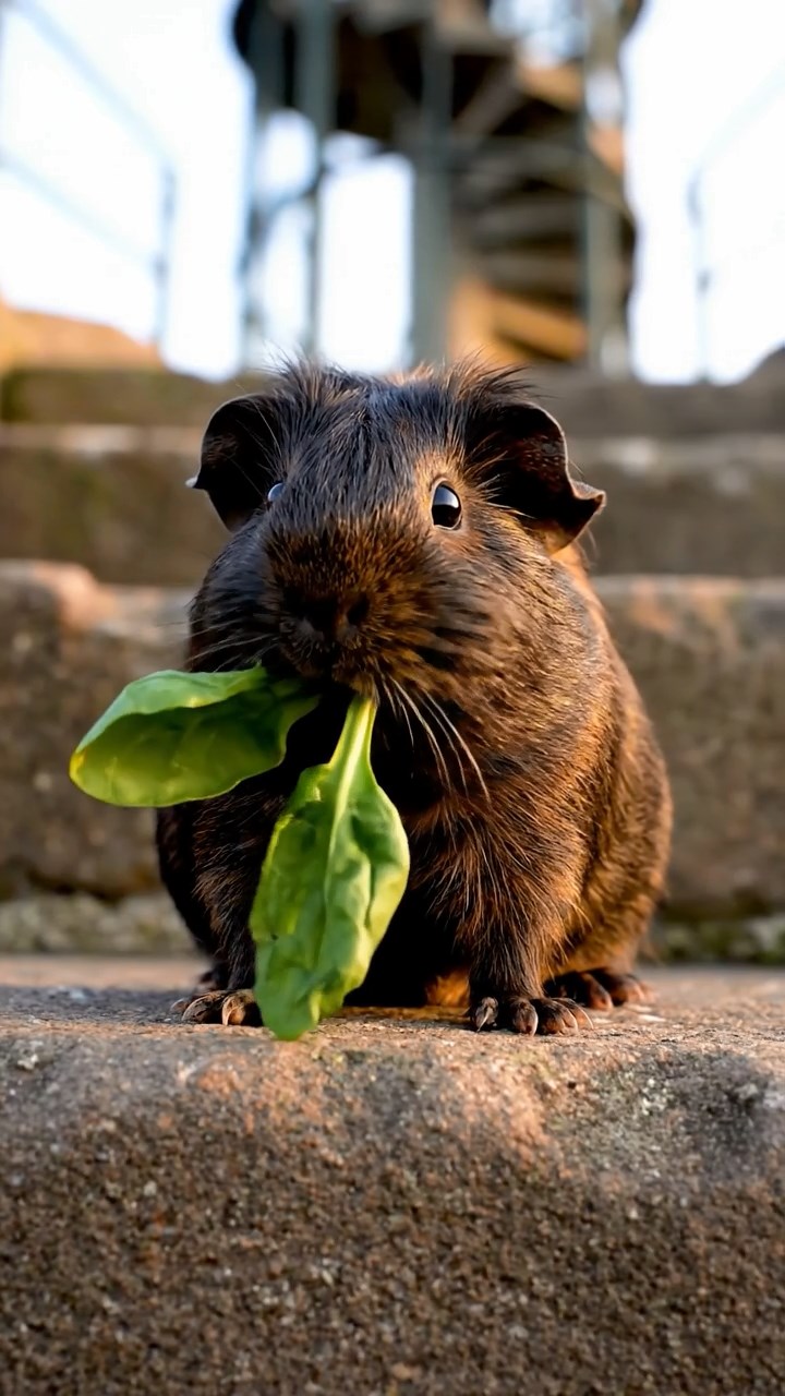 1751. Photorealistic image of 1 smooth-haired American guinea pig with sable fur, chewing on spinach bunches, atop a harbor light tower stairs.