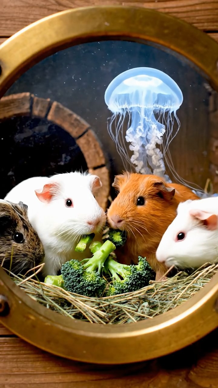 1752. Realistic depiction of 4 smooth-haired Abyssinian guinea pigs in white, orange, and gray colors, sharing broccoli stems, through a porthole with jellyfish.