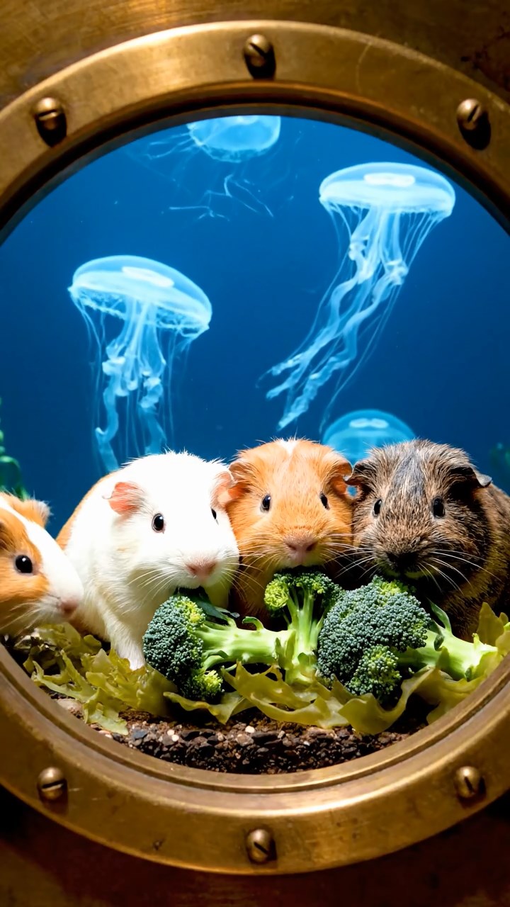 1752. Realistic depiction of 4 smooth-haired Abyssinian guinea pigs in white, orange, and gray colors, sharing broccoli stems, through a porthole with jellyfish.