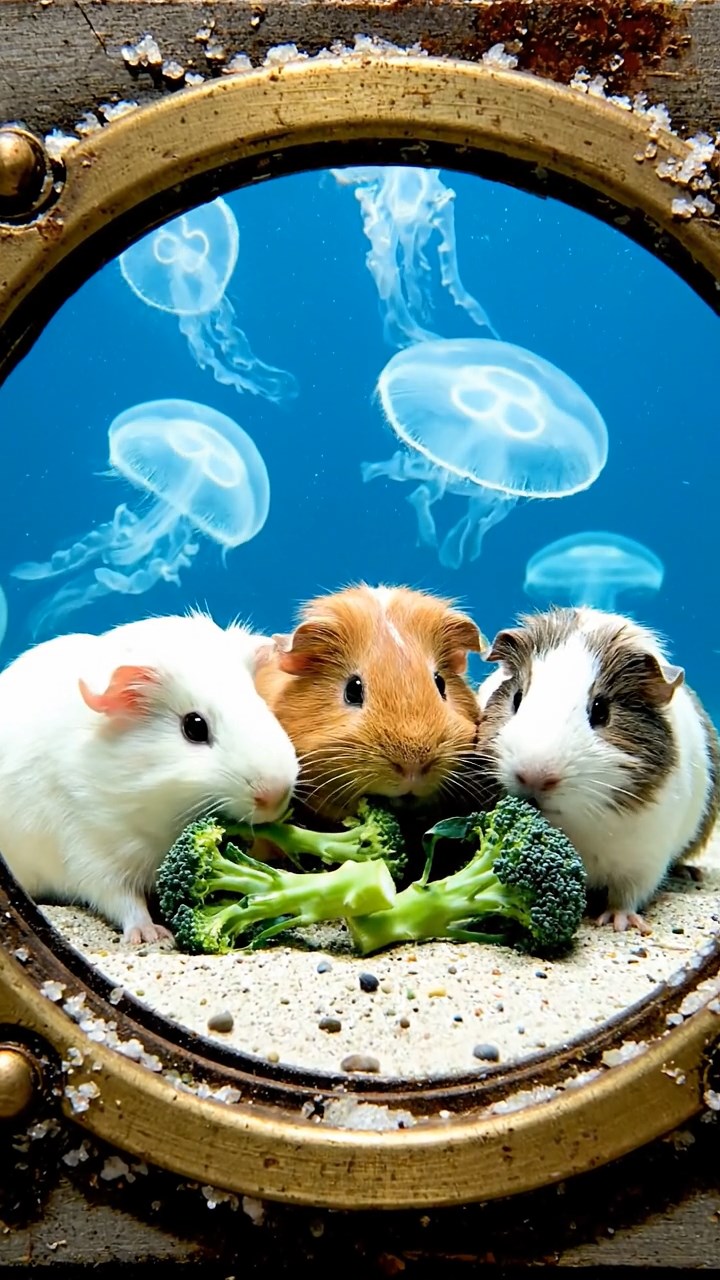1752. Realistic depiction of 4 smooth-haired Abyssinian guinea pigs in white, orange, and gray colors, sharing broccoli stems, through a porthole with jellyfish.