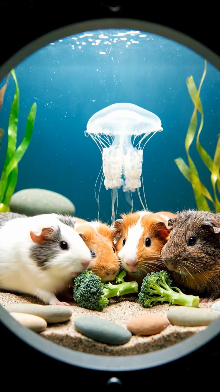 1752. Realistic depiction of 4 smooth-haired Abyssinian guinea pigs in white, orange, and gray colors, sharing broccoli stems, through a porthole with jellyfish.