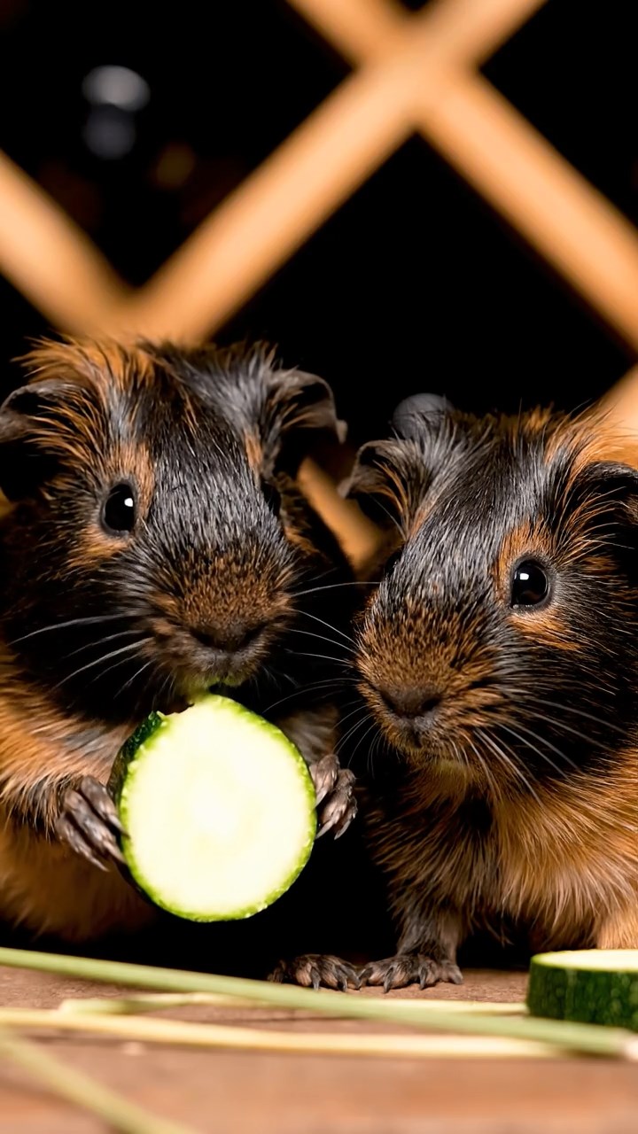 1753. Detailed scene of 2 smooth-haired Peruvian guinea pigs with black and brown fur, munching on zucchini rounds, among racks in a wine storage room.