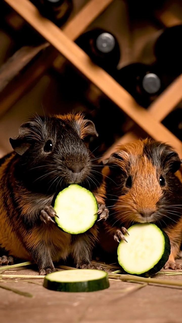 1753. Detailed scene of 2 smooth-haired Peruvian guinea pigs with black and brown fur, munching on zucchini rounds, among racks in a wine storage room.