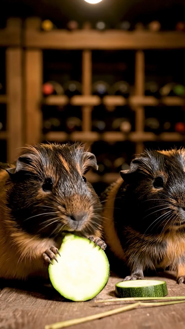 1753. Detailed scene of 2 smooth-haired Peruvian guinea pigs with black and brown fur, munching on zucchini rounds, among racks in a wine storage room.