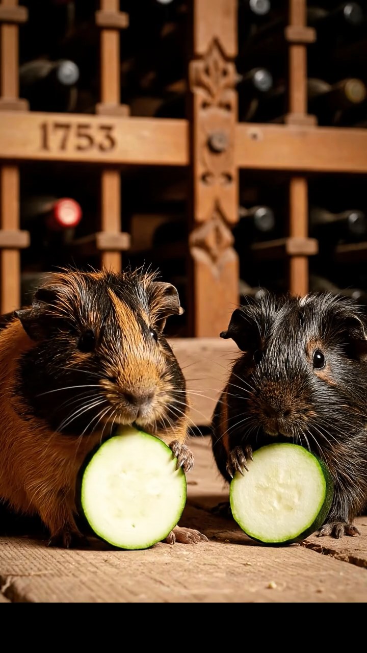1753. Detailed scene of 2 smooth-haired Peruvian guinea pigs with black and brown fur, munching on zucchini rounds, among racks in a wine storage room.